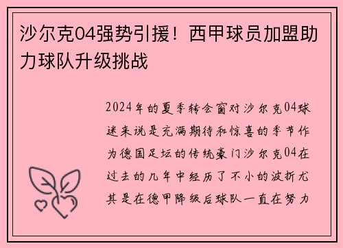 沙尔克04强势引援！西甲球员加盟助力球队升级挑战
