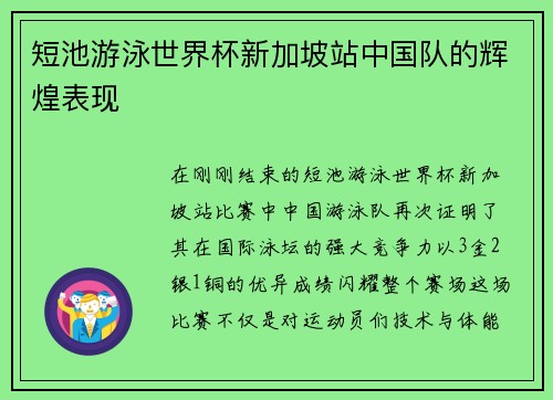 短池游泳世界杯新加坡站中国队的辉煌表现