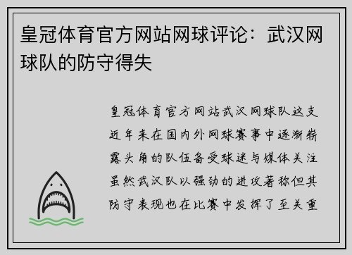 皇冠体育官方网站网球评论：武汉网球队的防守得失